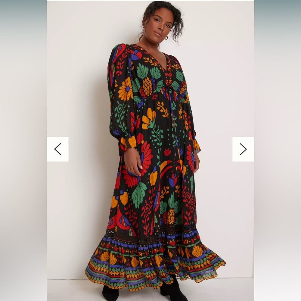 Farm Rio Floral Maxi Dress Black Multicolor Boho Tiered Long Sleeve 2XL